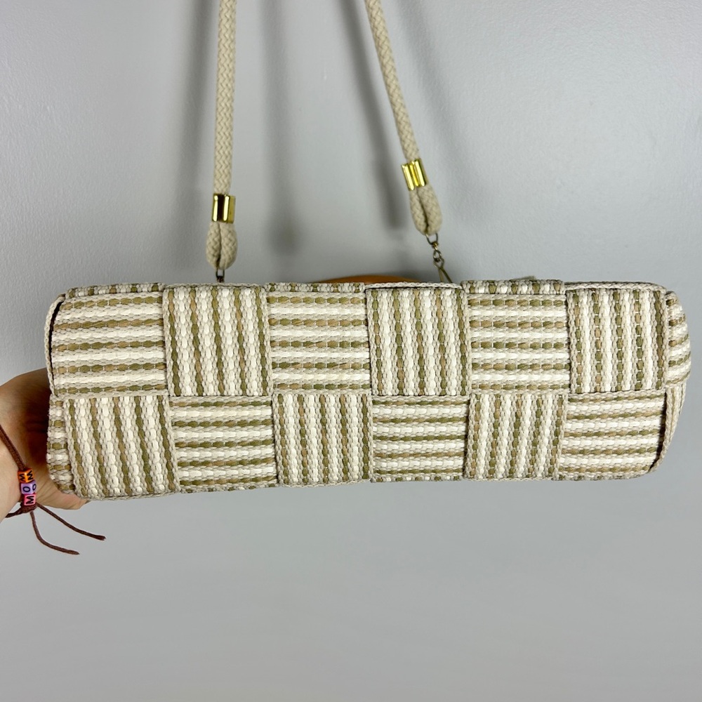 DEBENHAMS Woven‎ Summer Purse Neutral Cream Tan Wooden Handle Old Money Cruise - Picture 6 of 9